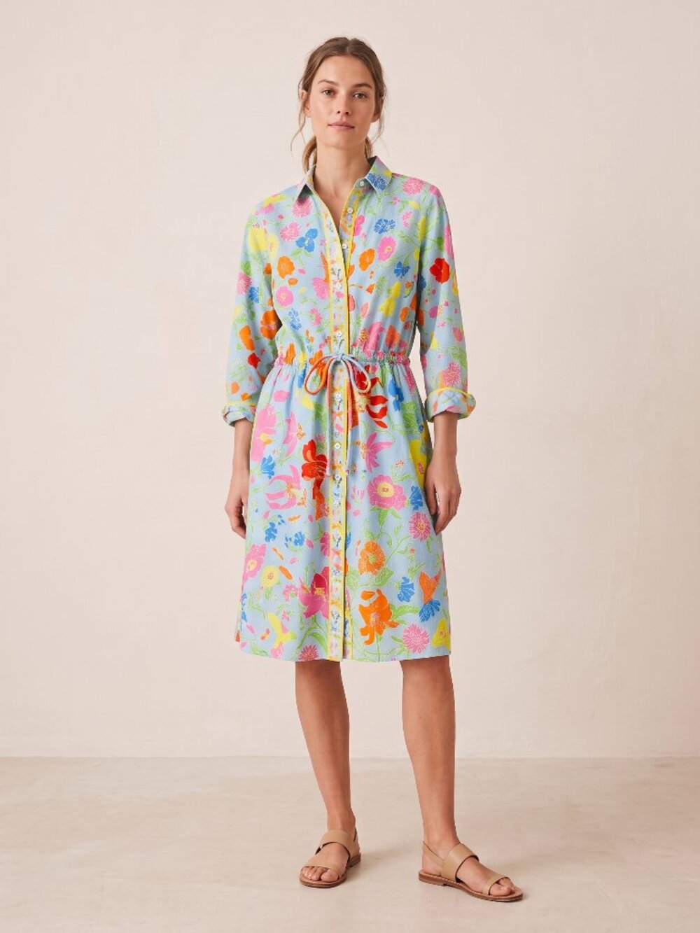 Gretchen Scott Blue Floral Hummingbird Dragonfly Drawstring Shirt Dress M